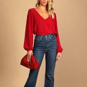 Lulus Stylish And Sincere Berry Red Long Sleeve V-neck Top - Size M